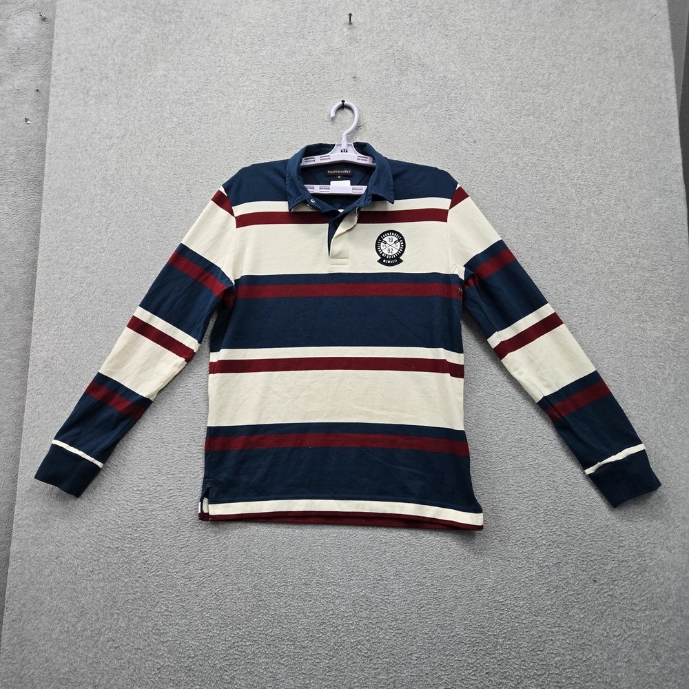 Fahrenheit Men Polo M Blue Embroidered Striped Patch Logo Rugby Shirt